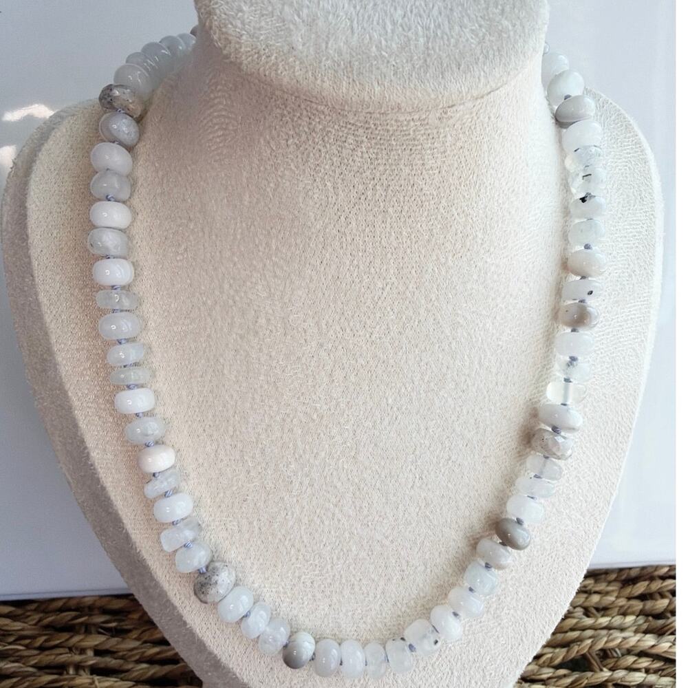17" Silk Knotted Rainbow Moonstone Necklace, Sapphire, Botswana Agate, Silver